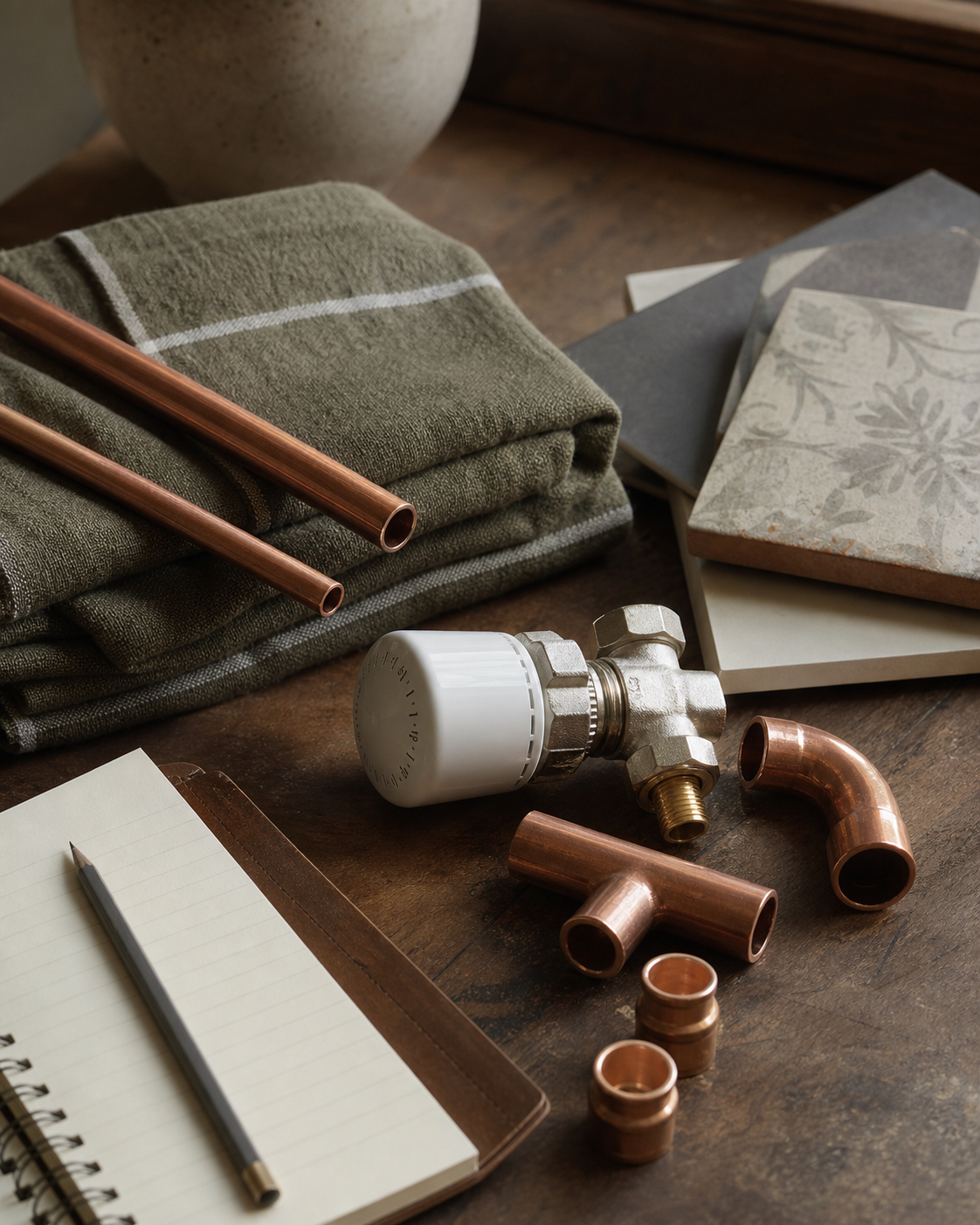 Illustrative close-up of copper fittings, a radiator valve and bathroom material samples